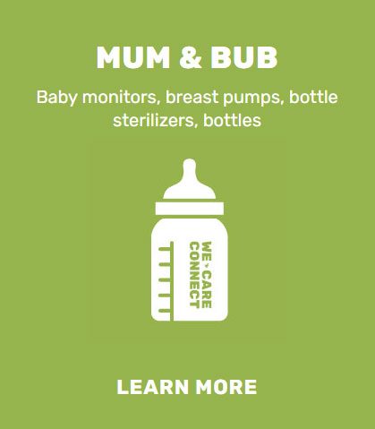 Text and a stylized baby bottle asking supporters to donate mum and baby items